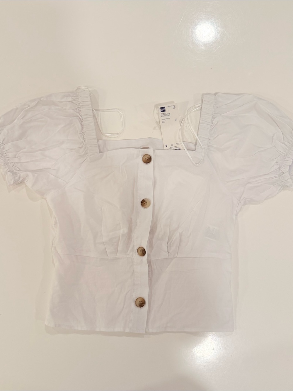 GU Women White Square Neck Puff Sleeve Button Front Blouse Size S